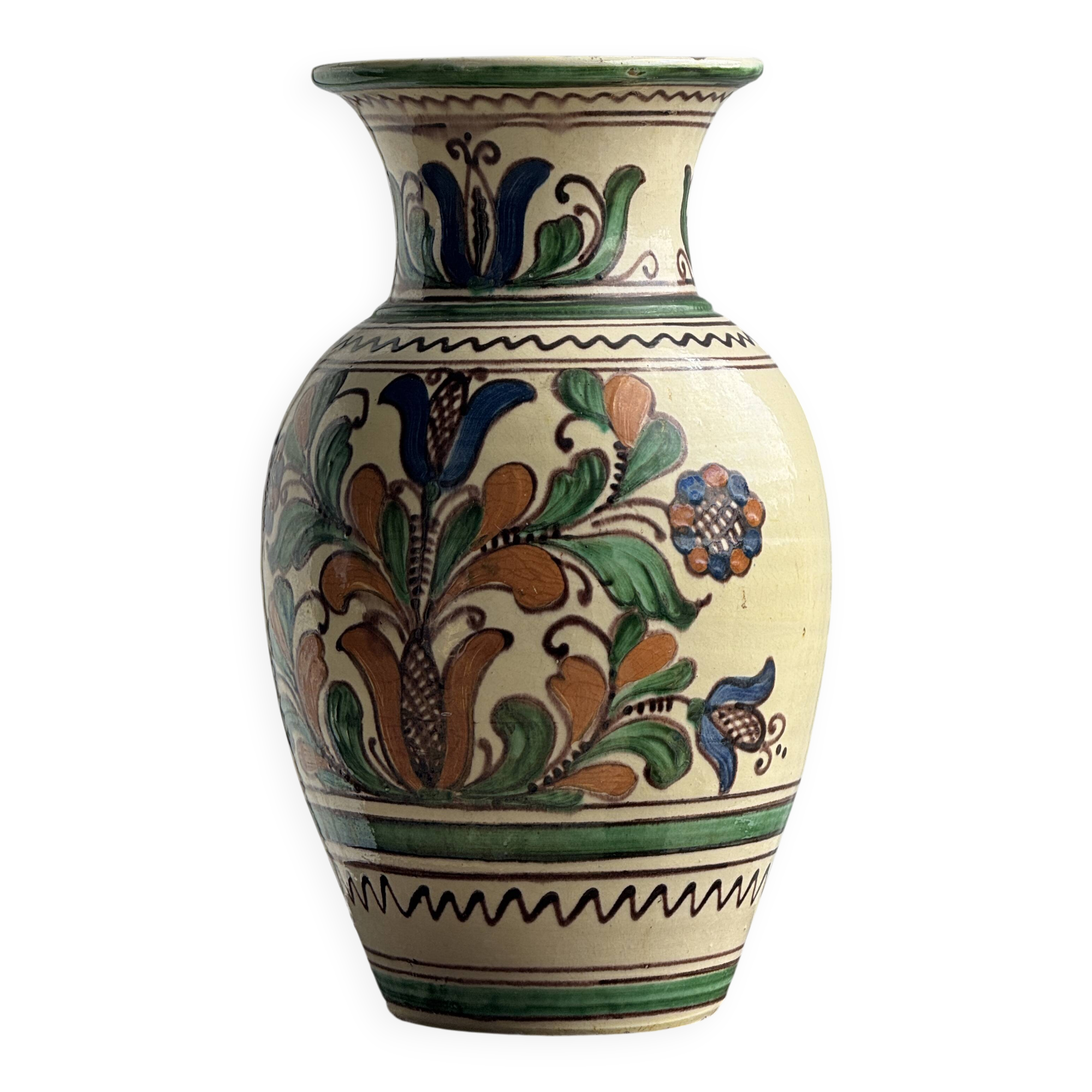Large Provençal vase with beige background, green, blue and brown decoration of stylized plants