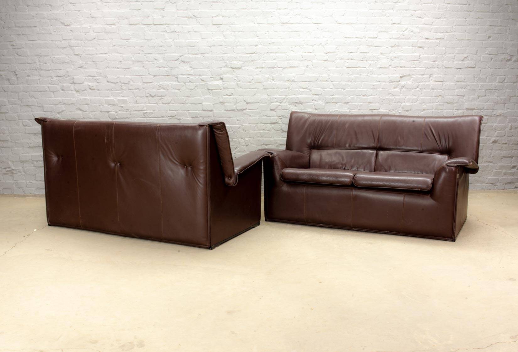 Afra and Tobia Scarpa for B&B Italia Chocolate Brown Leather Two Seat Sofas