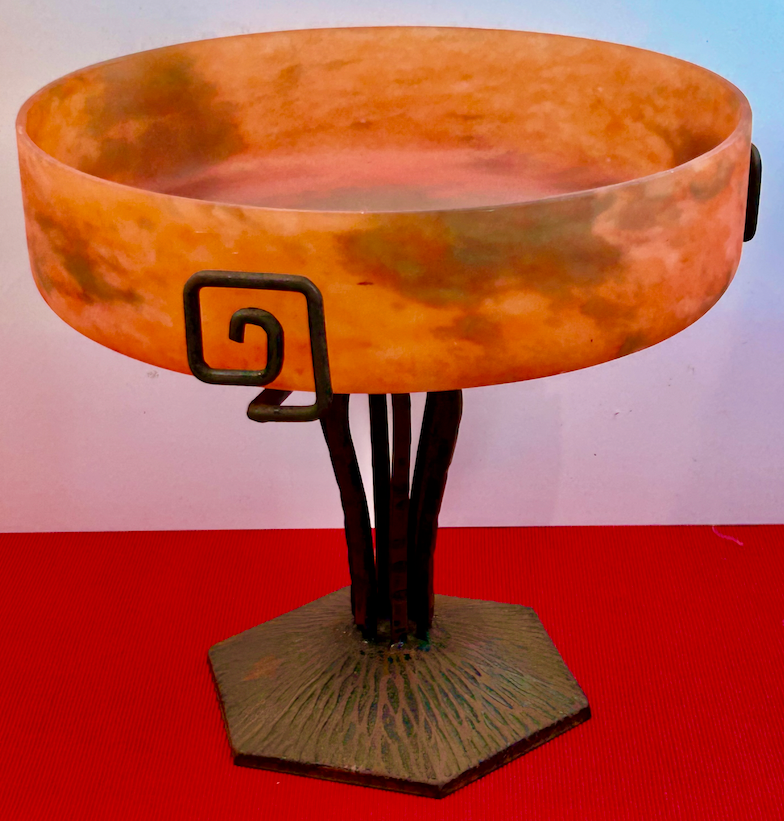 Art deco pâte de verre signed lorrain with wrought iron base, dlg by majorelle
