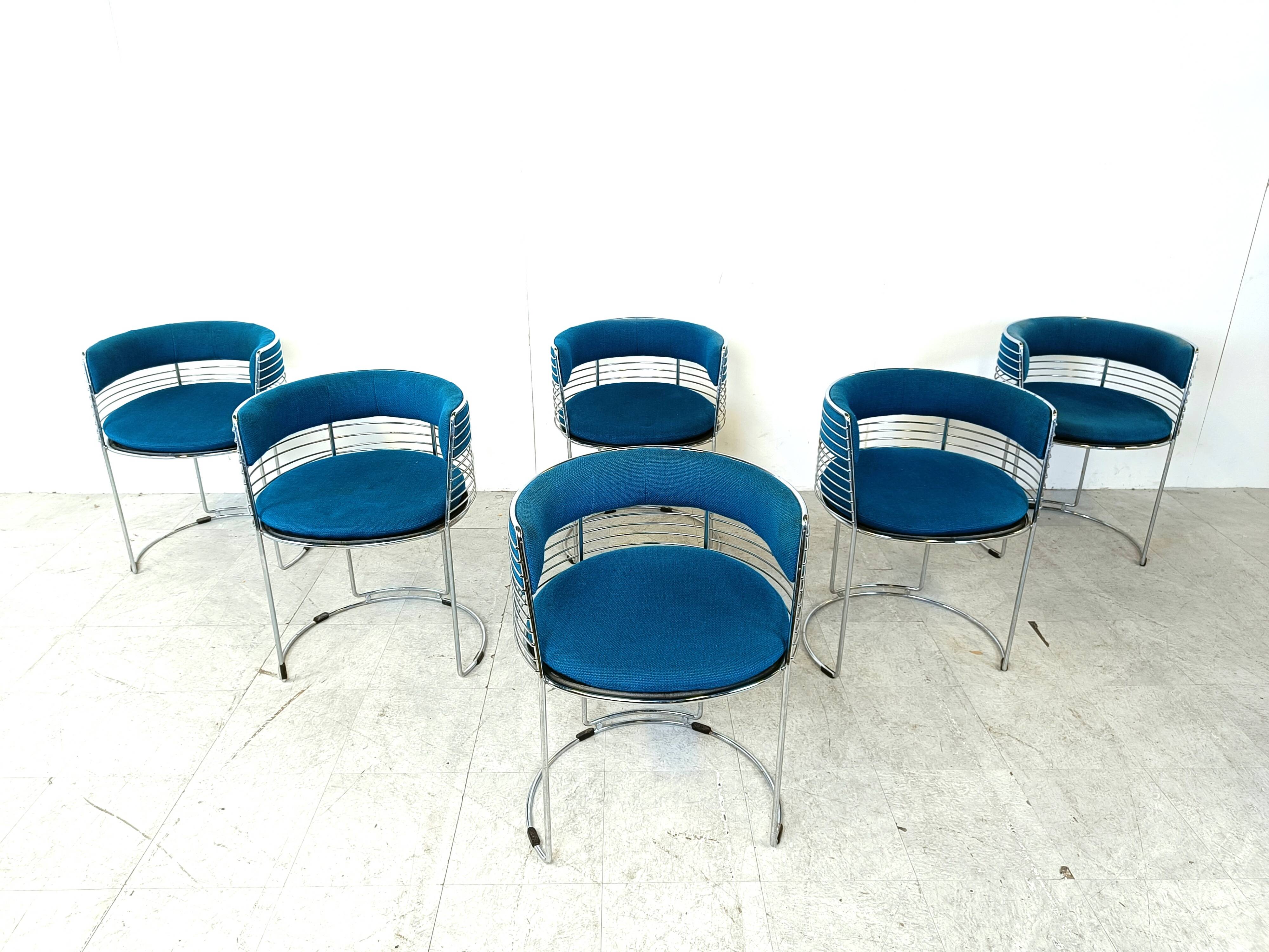 Set of 6 chrome wire and blue fabric dining chairs, 1970s