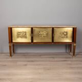 Buffet vintage années 40 en bois bas-reliefs en laiton et marbre design italien