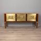 Buffet vintage années 40 en bois bas-reliefs en laiton et marbre design italien