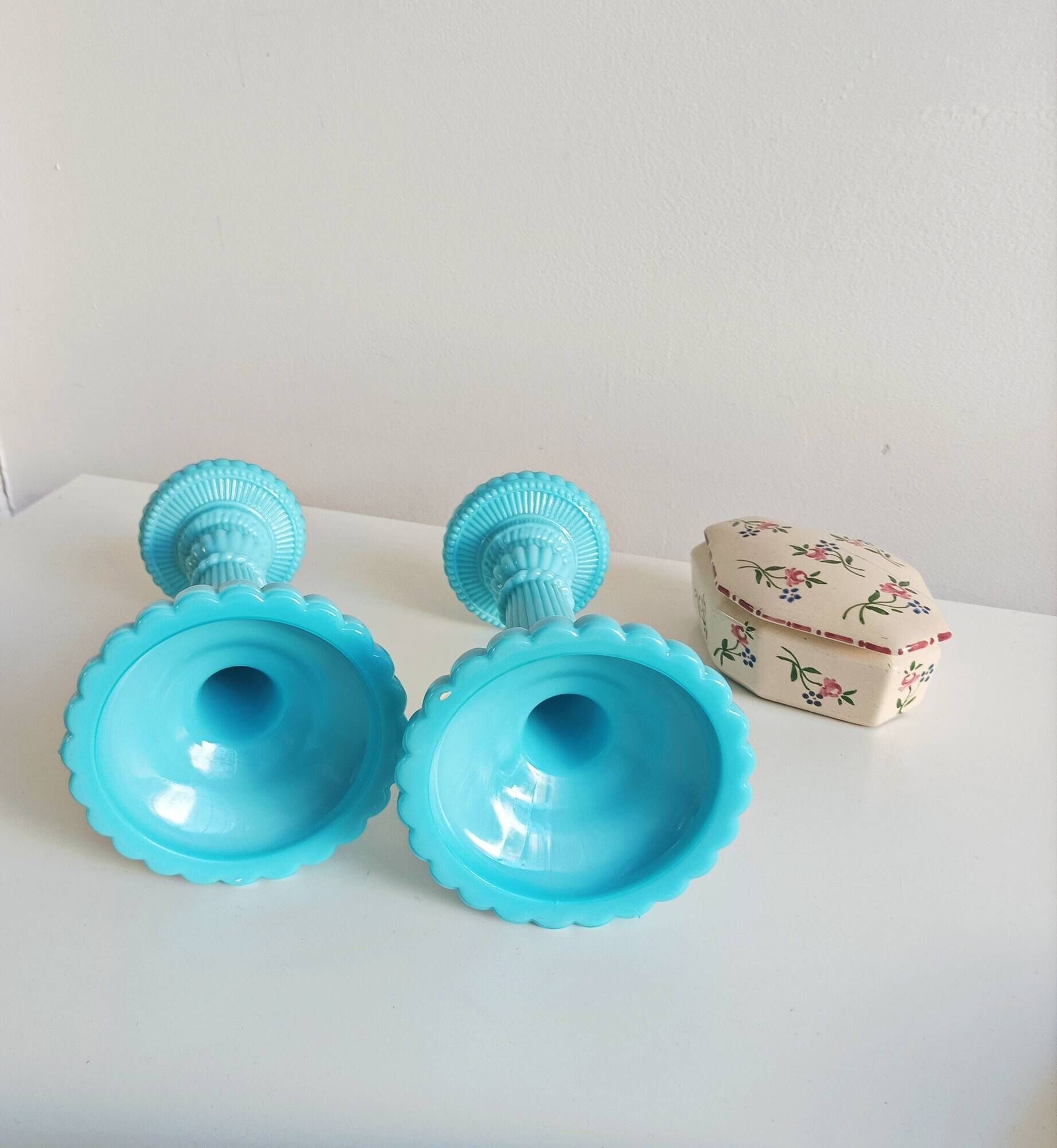 Antique blue opaline candlesticks Portieux Vallerysthal