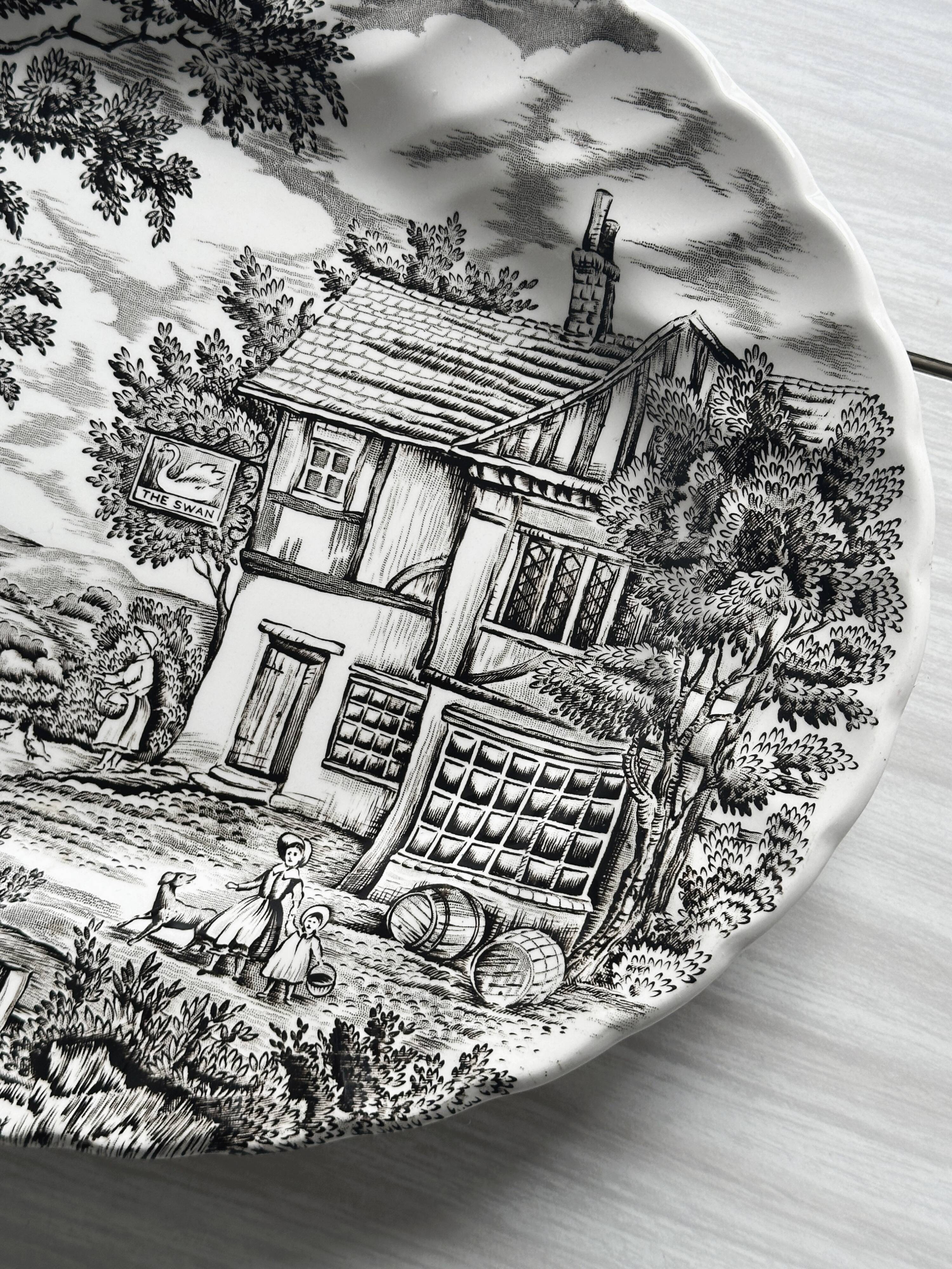 English earthenware dish, countryside scene illustration