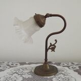 Vintage French Brass Anglepoise Table Lamp With Opaque Patterned Glass Shade 5087