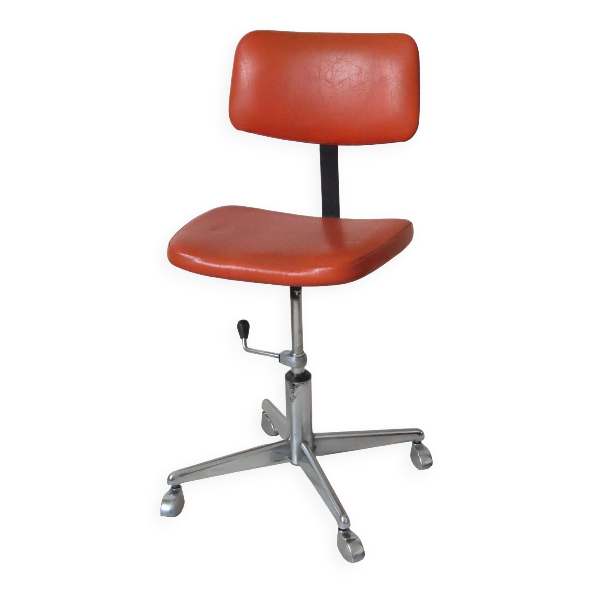 Eurosit vintage industrial workshop chair in chromed metal and orange imitation leather