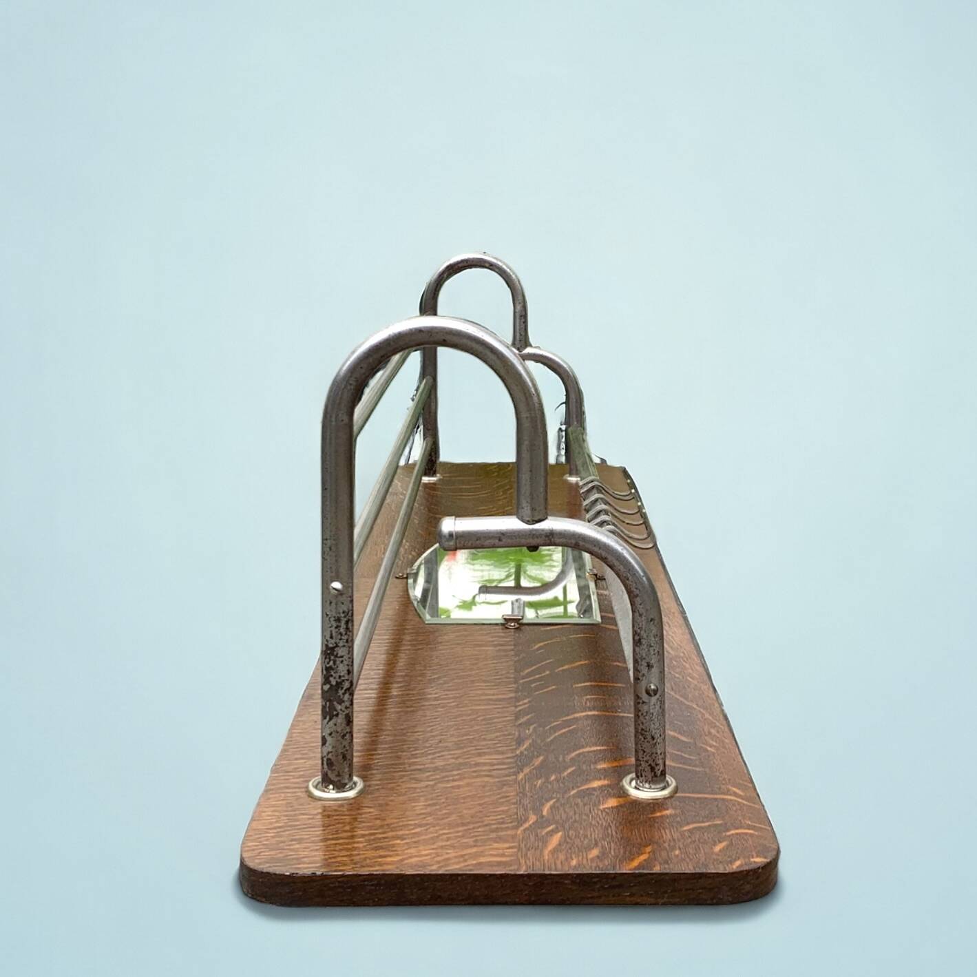 Large Art Deco wall-mounted coat rack in wood and chrome metal with mirror