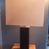 Tall cubic brown leather lamp, light gray fabric lampshade
