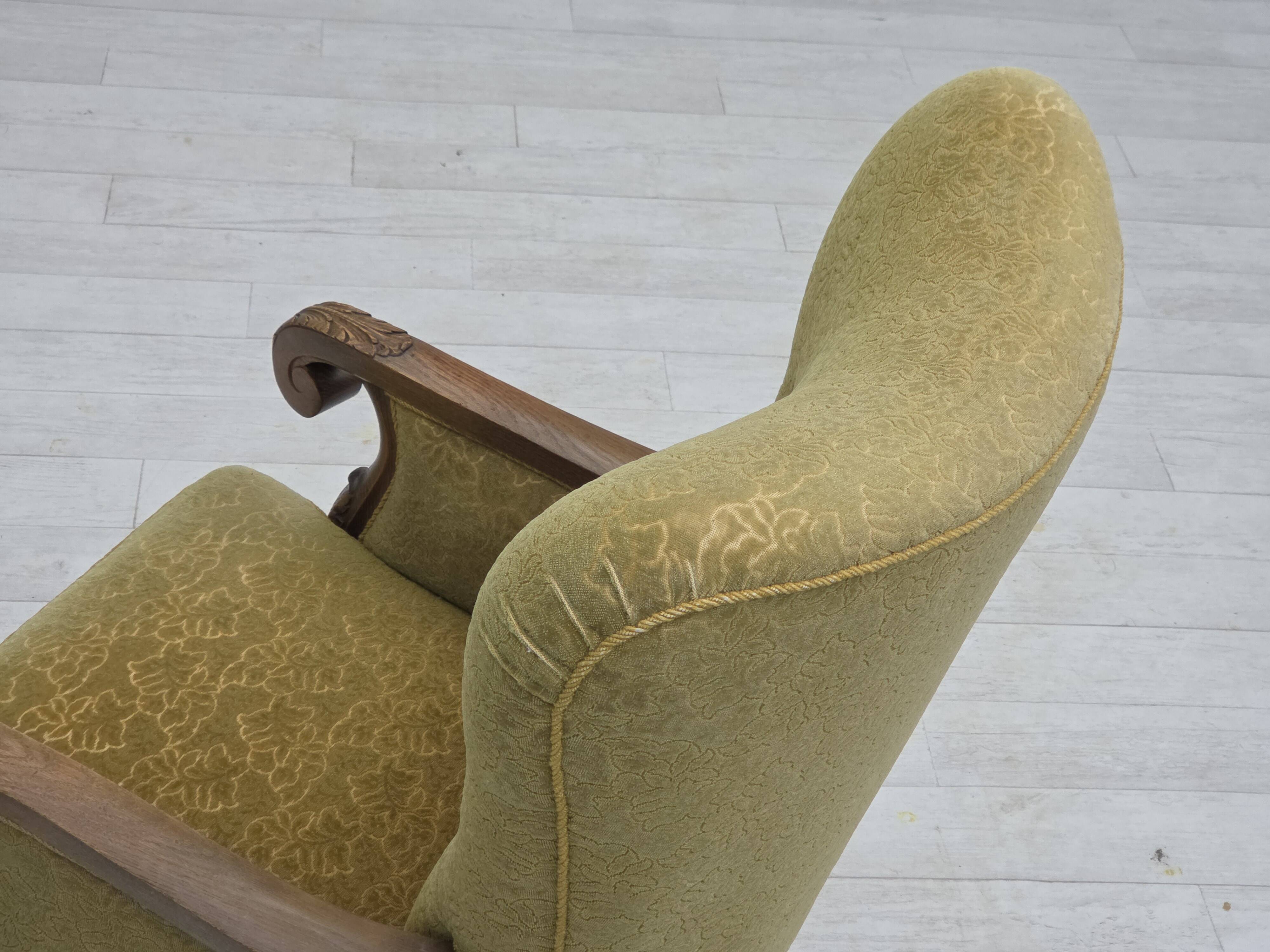 1960s, Danish highback armchair, furniture cotton/wool fabric, oak wood.