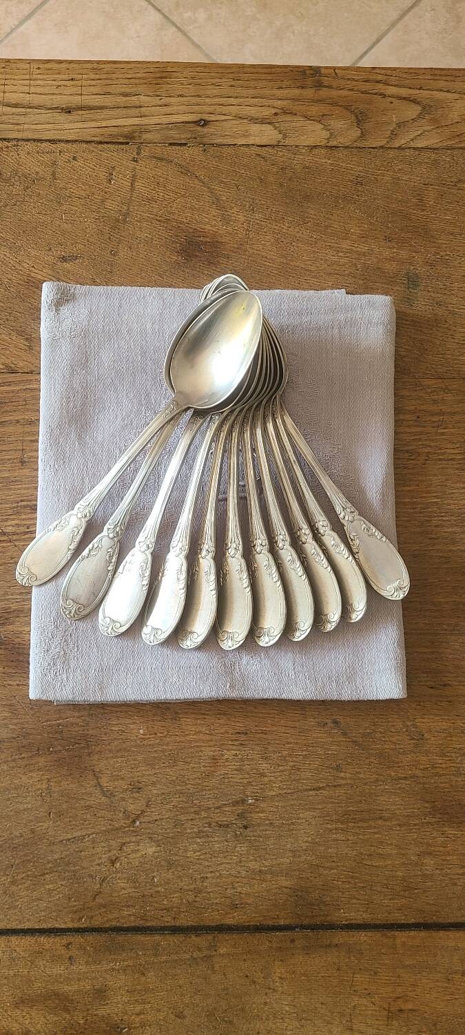 Set of 12 antique silver-plated metal soup spoons