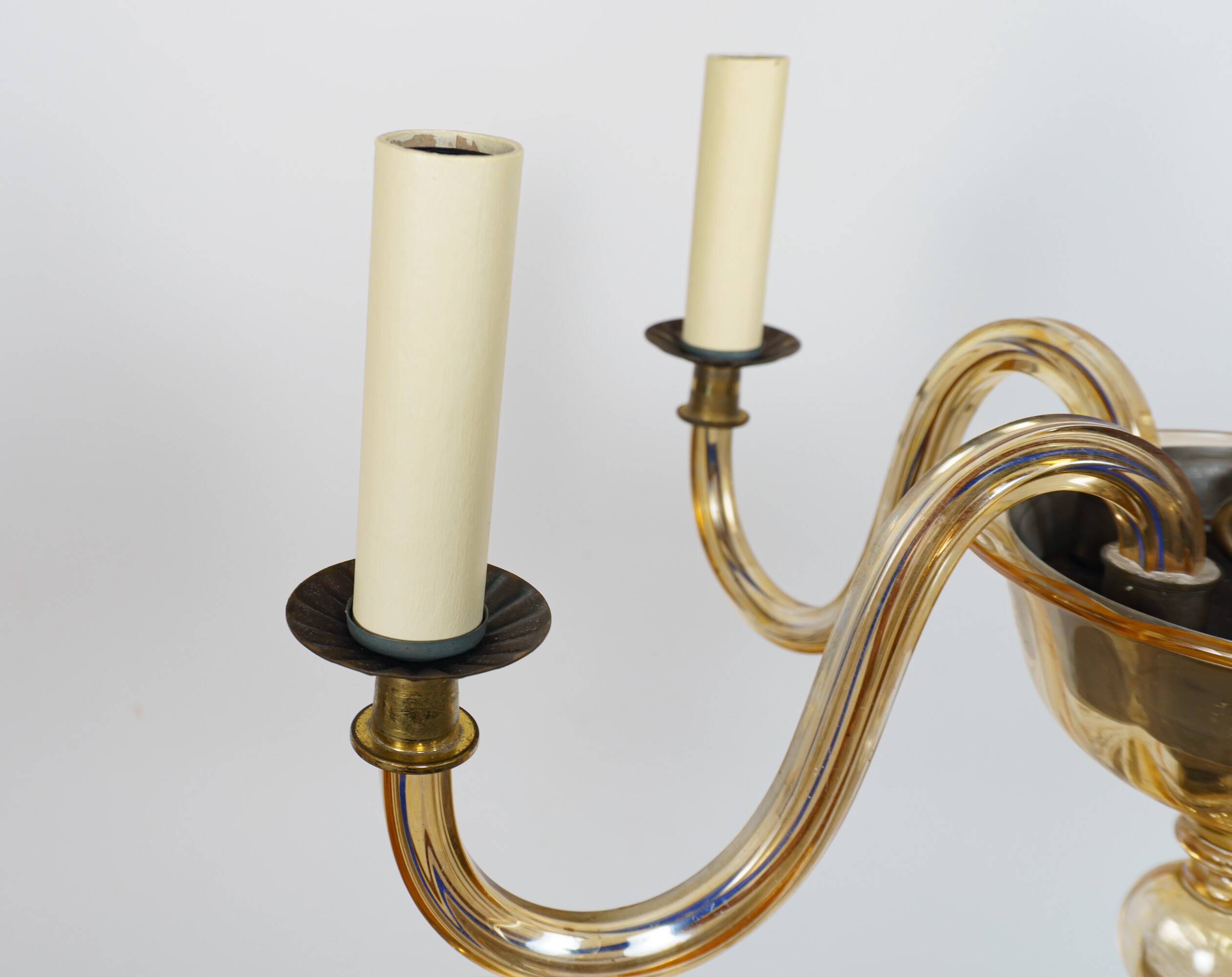 Vintage Murano 5-Arm Ribbed Topaz Glass Chandelier Pendant Lamp