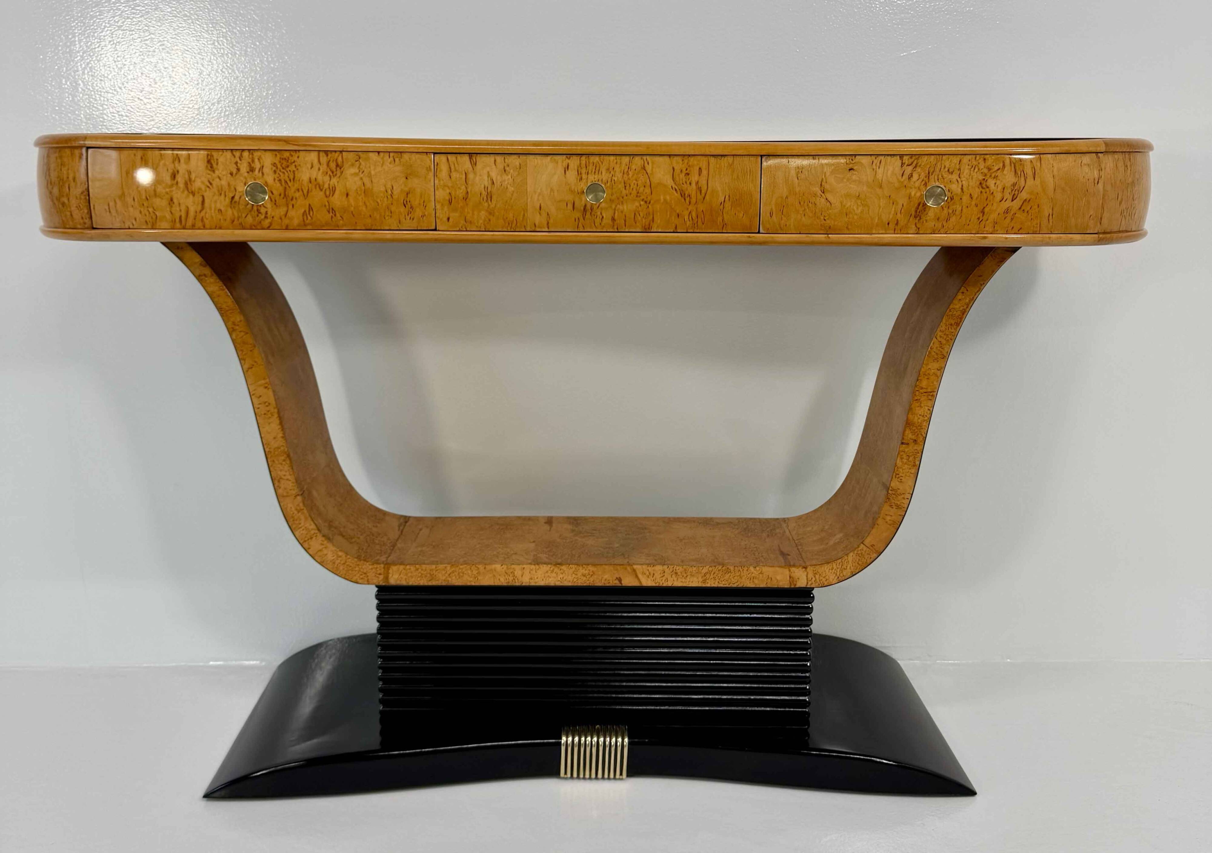 Italian Art Deco Console in Birch Burl and Black Lacquer, Attr. to Borsani, 40s