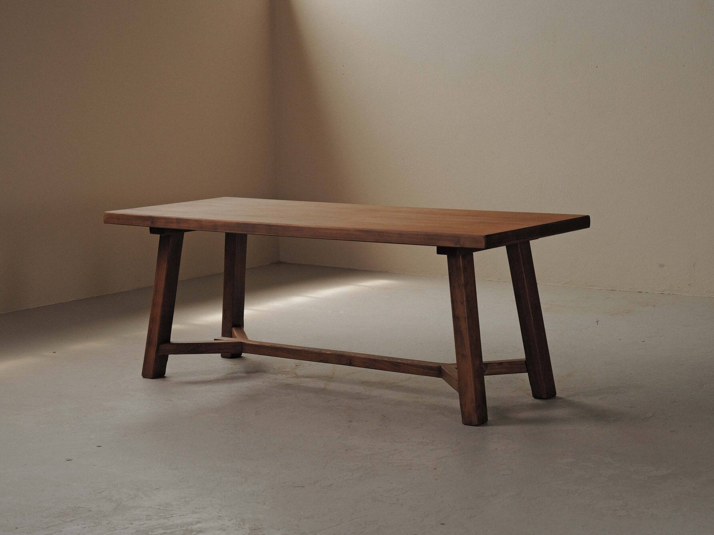 Large handcrafted oak table, France, circa 1970.