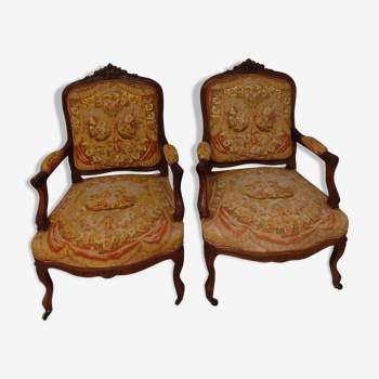 Pair of armchairs style louis xv walnut