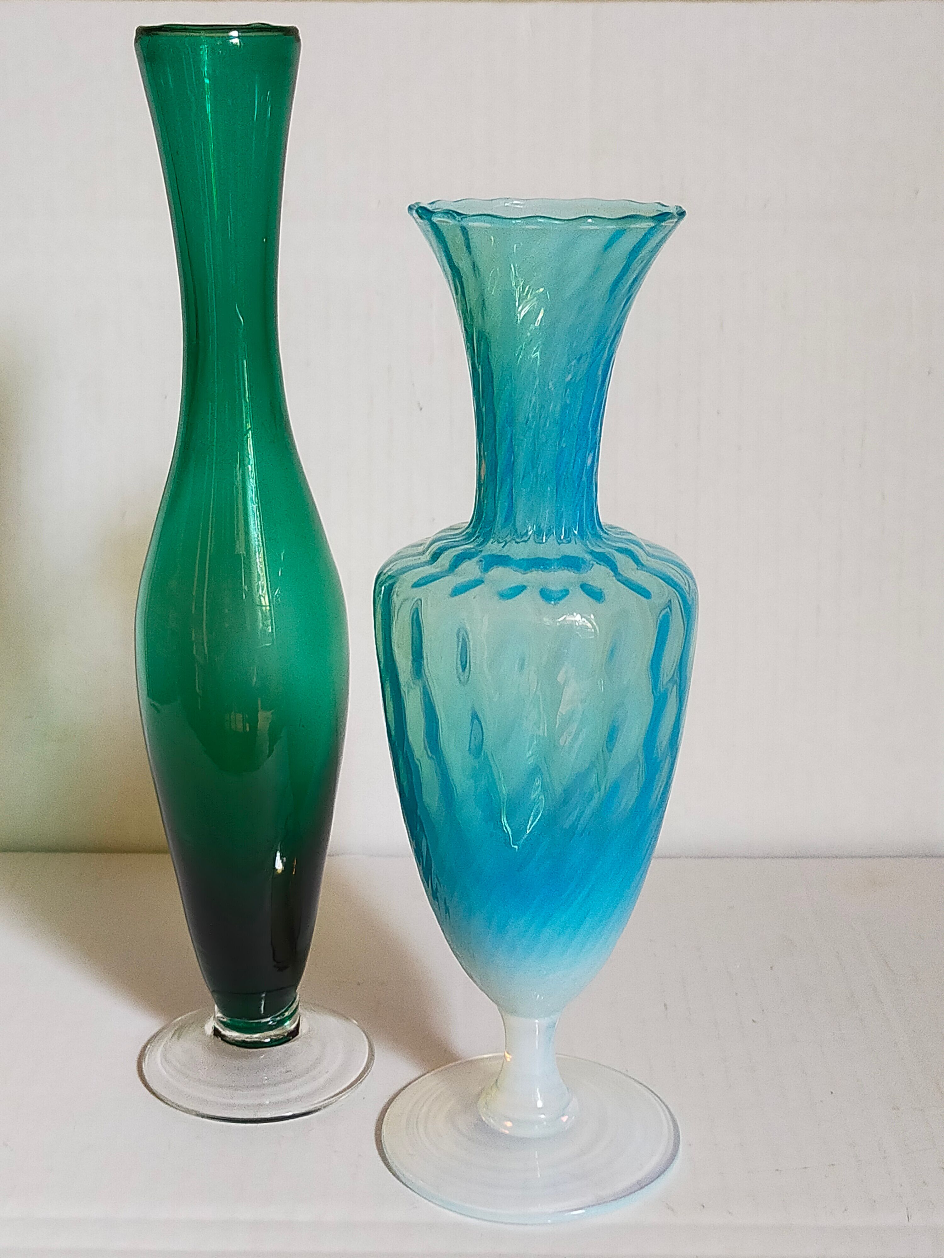 Duo of vintage blown glass soliflores vases