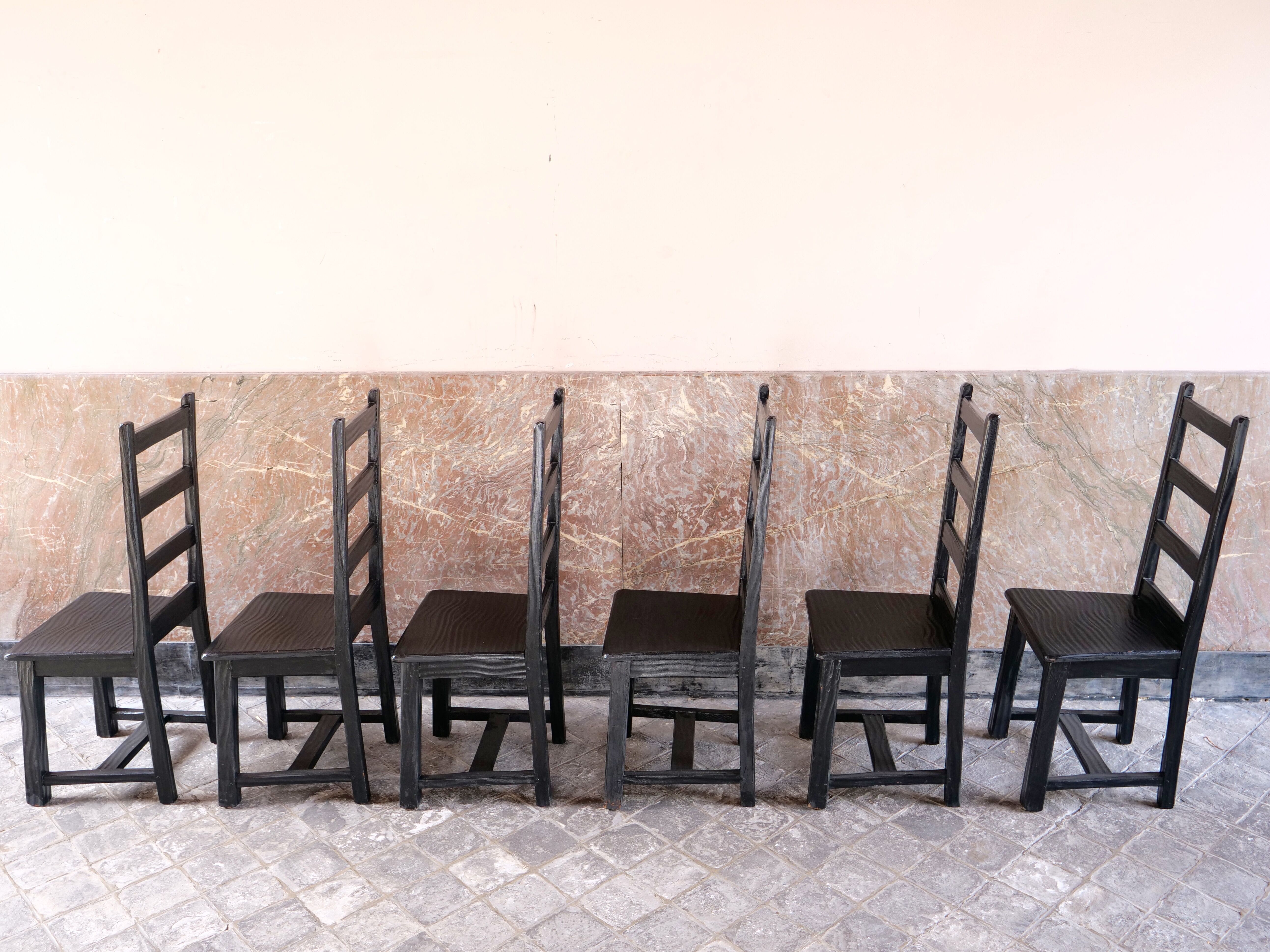 Set of 6 black brutalist chairs in solid oak