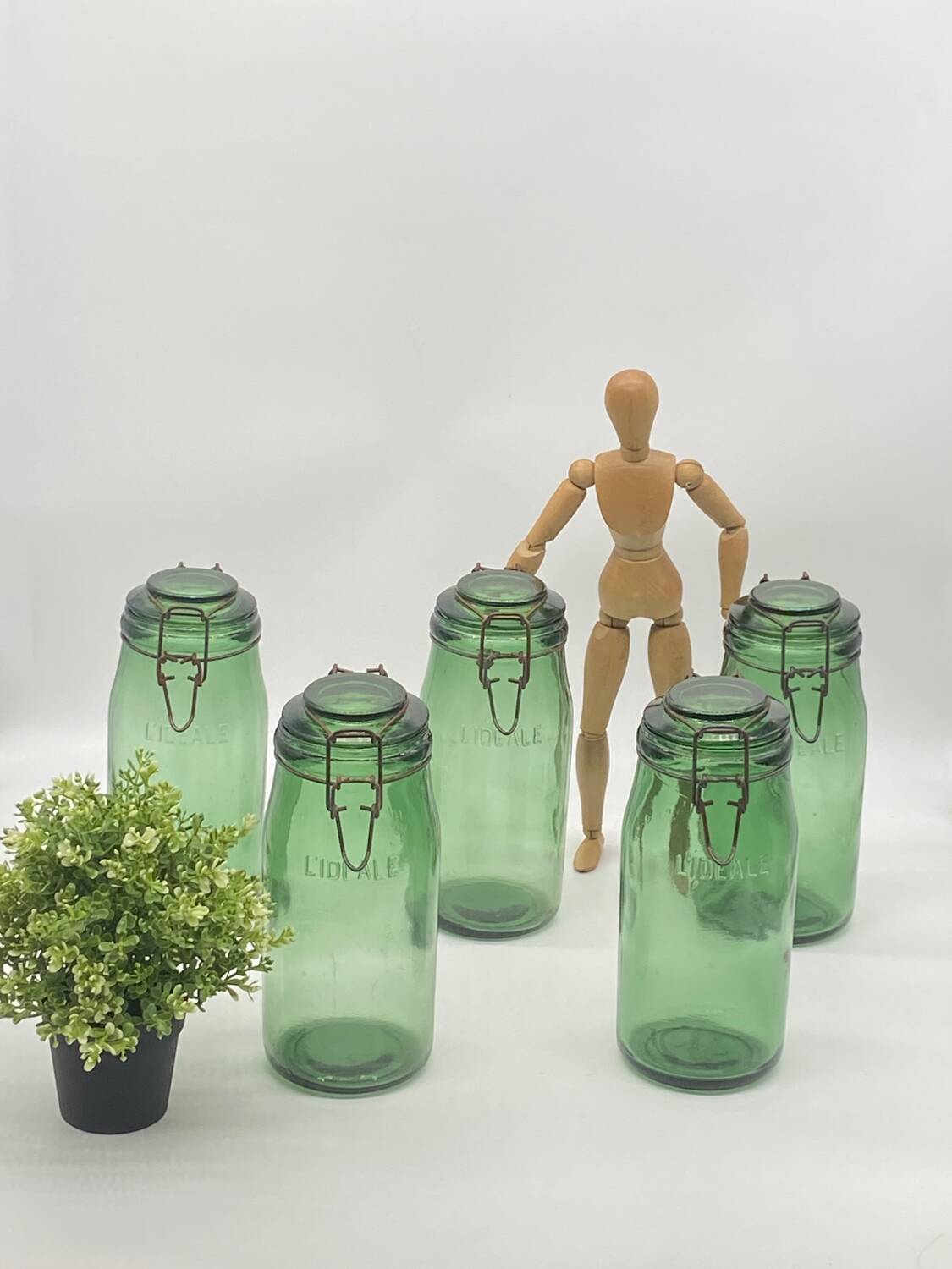 Set of L'ideal jars, old, glass / green