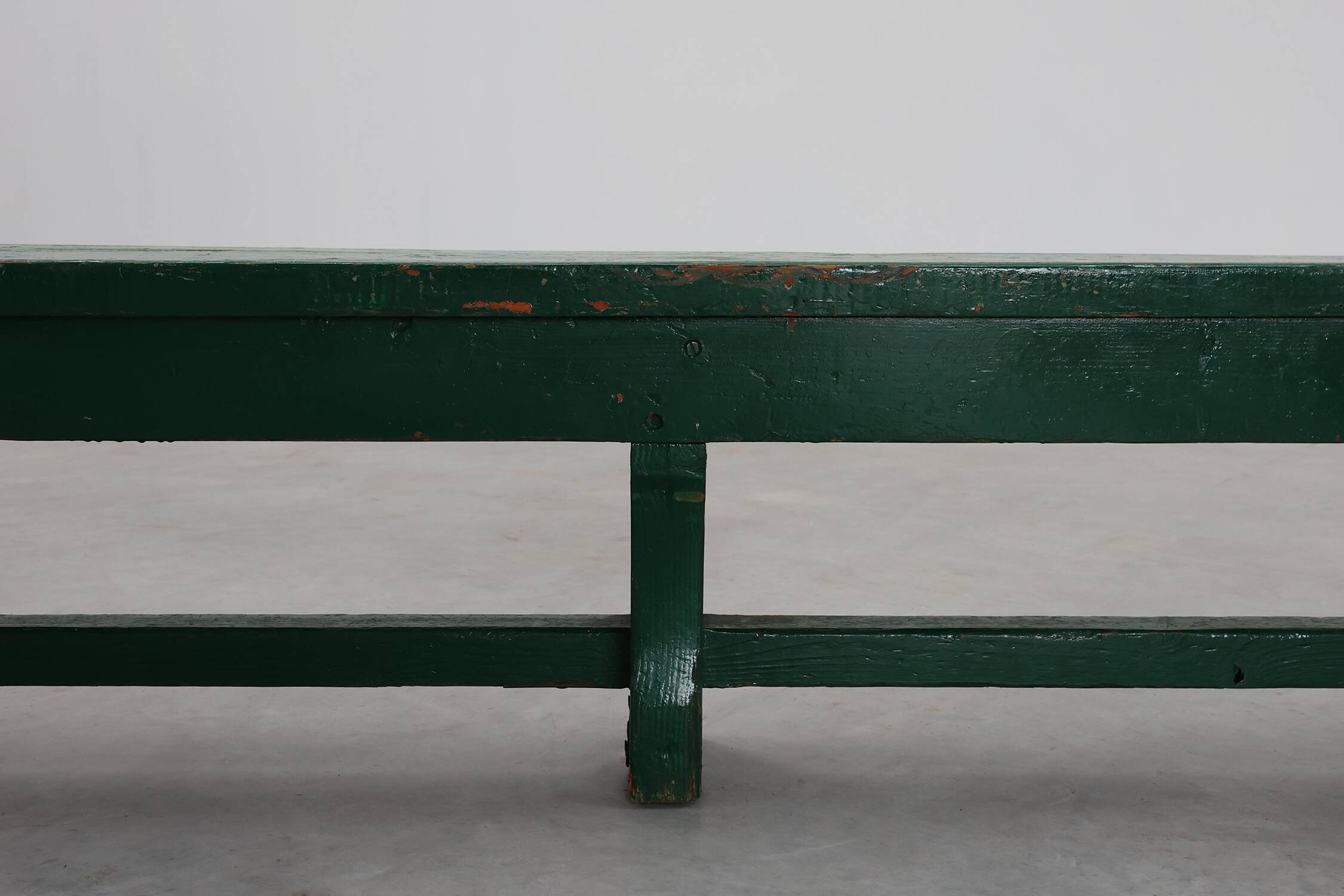 Rustic primitive green farmhouse bench in solid oak, France ca. 1900