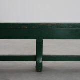 Rustic primitive green farmhouse bench in solid oak, France ca. 1900