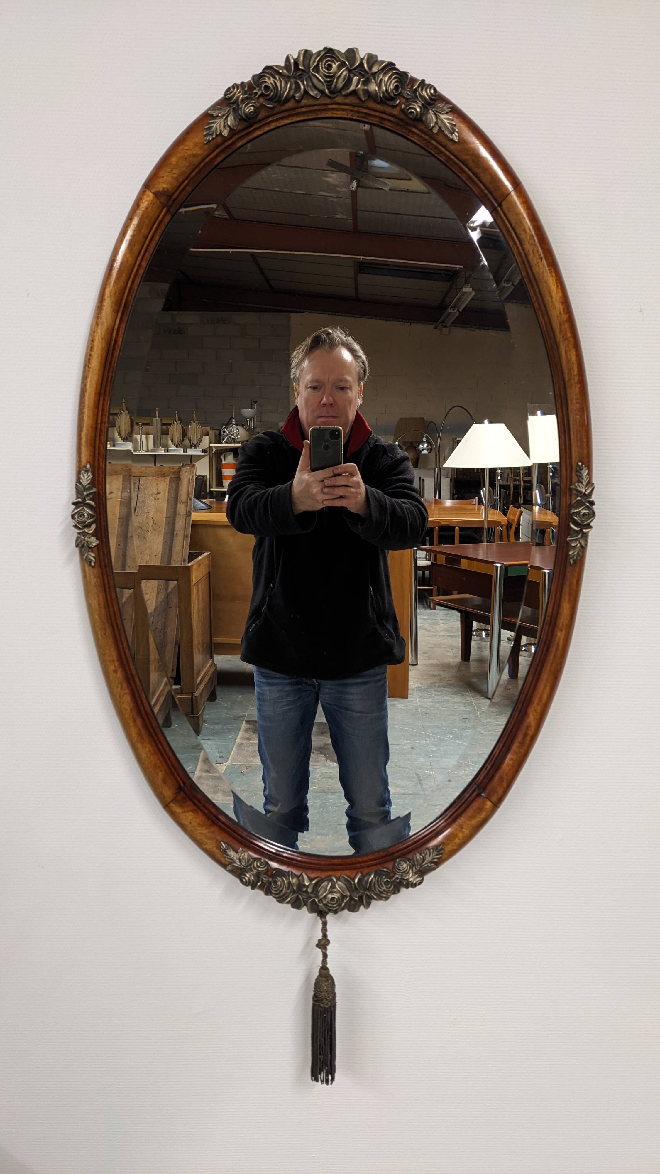 Art Deco Flamed Mahogany Oval Mirror Circa 1910