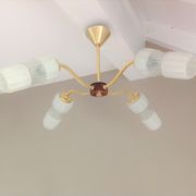 Four-burner chandelier in brass and two-tone glass Scandinavian style / vintage 60s-70s