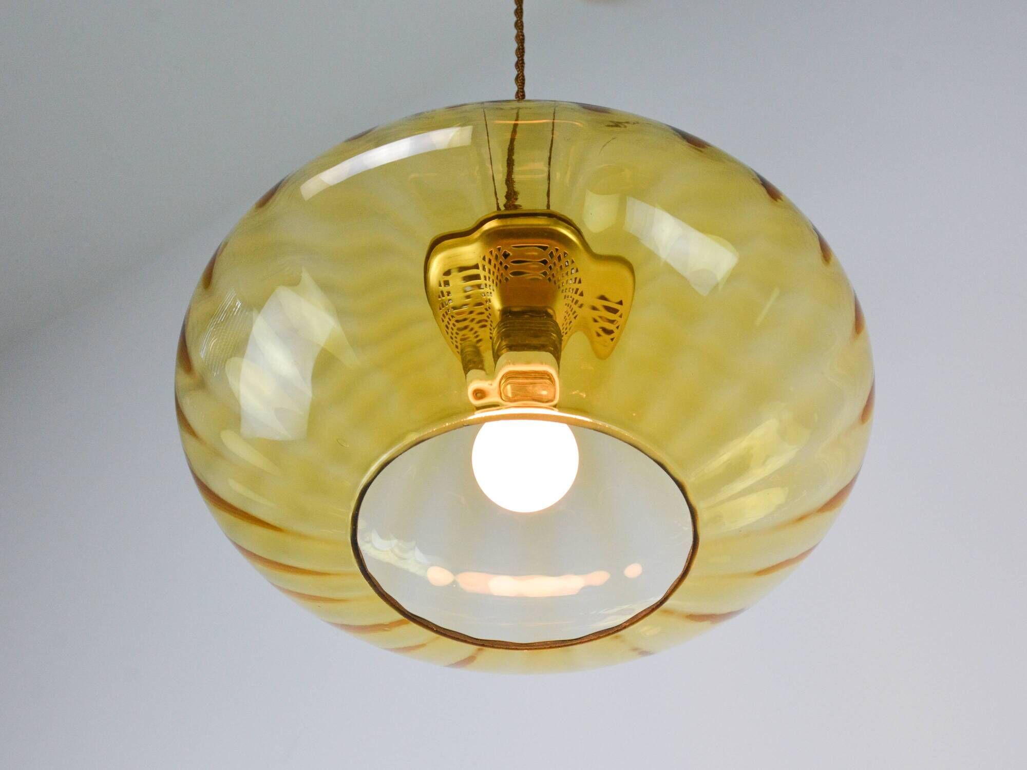 Mid-Century Brass and Light Gold/Yellow Pendant Lamp