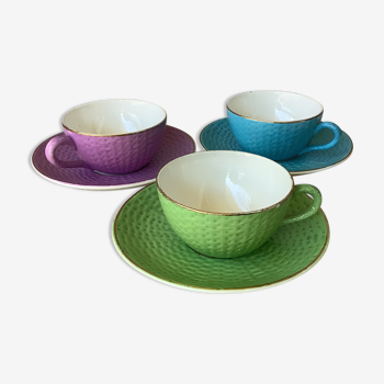 Multicolored Digoin cups looking basket weaving