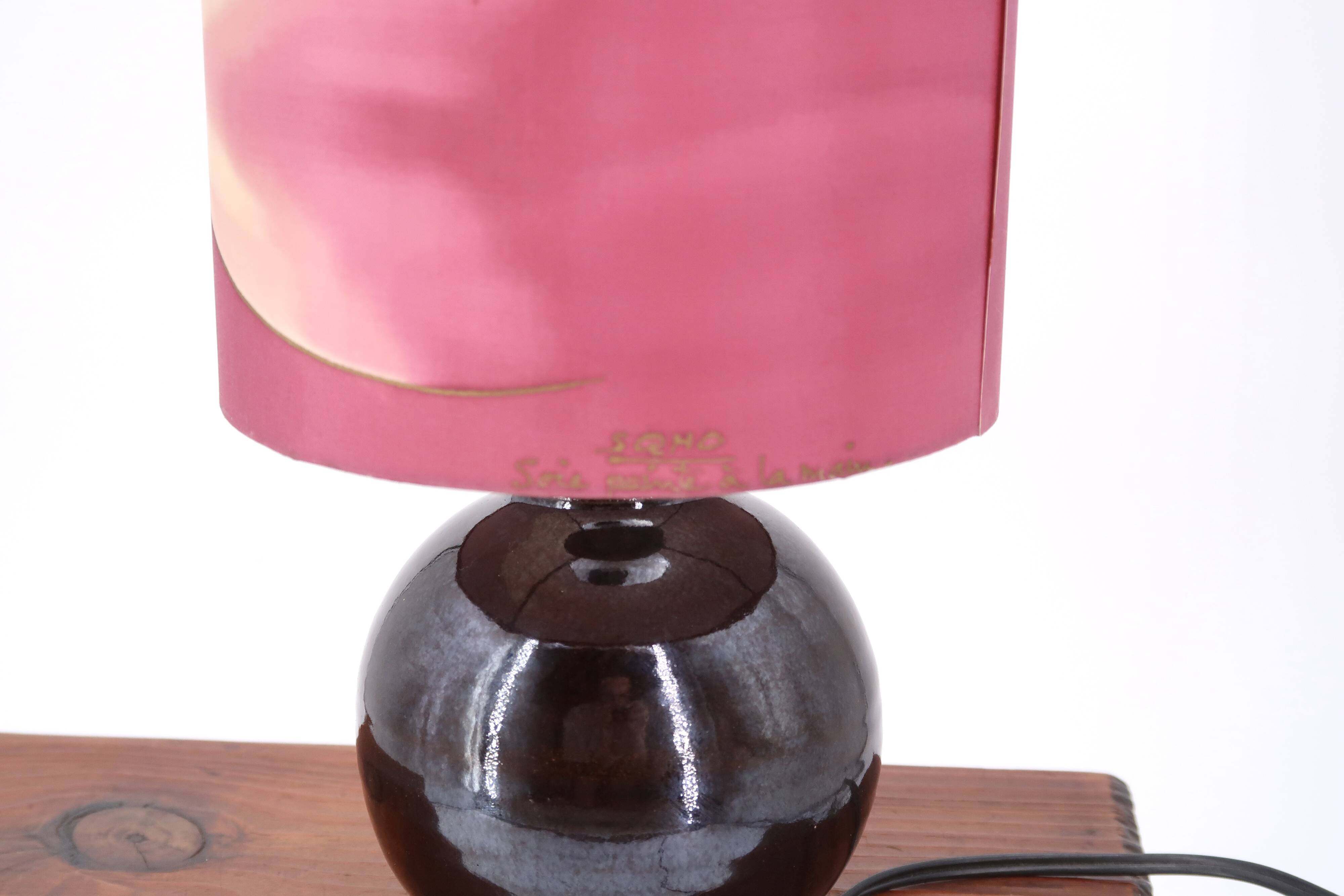 Purple ceramic lamp, painted silk lampshade, 1970s