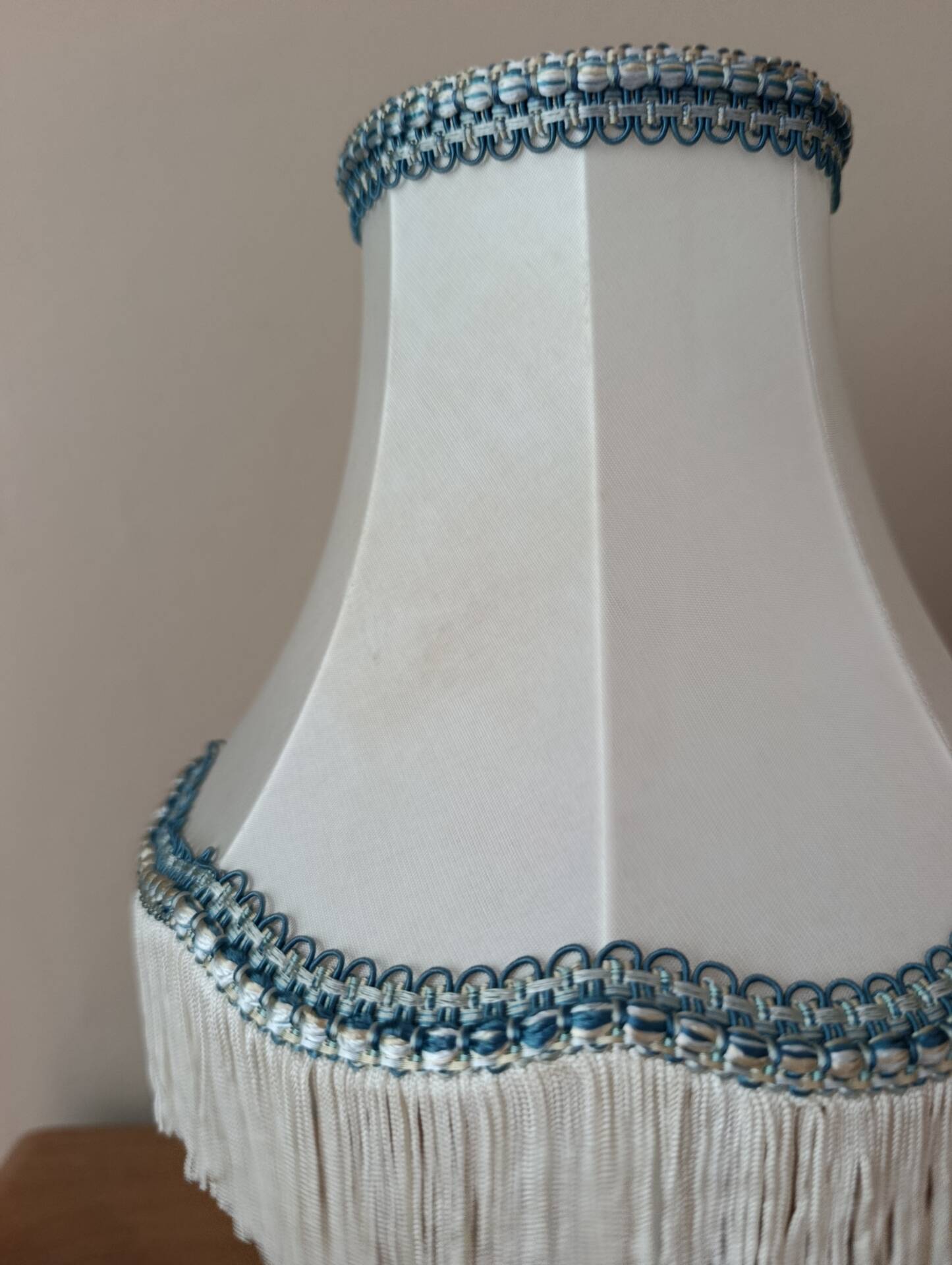 Alabaster lamp, satin white and blue pagoda shade.