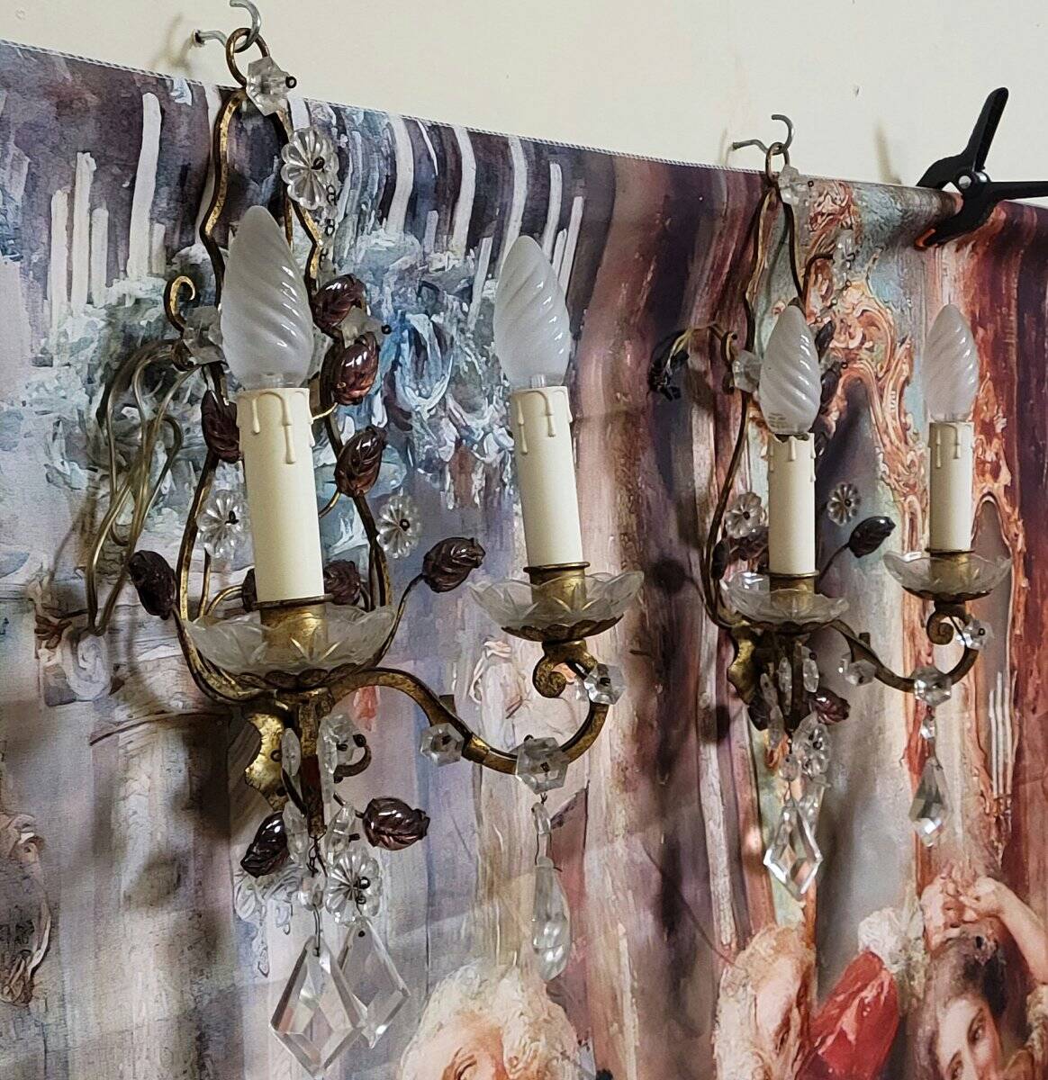 Murano: pair of wall sconces with two light arms, in bronze and gilded brass.