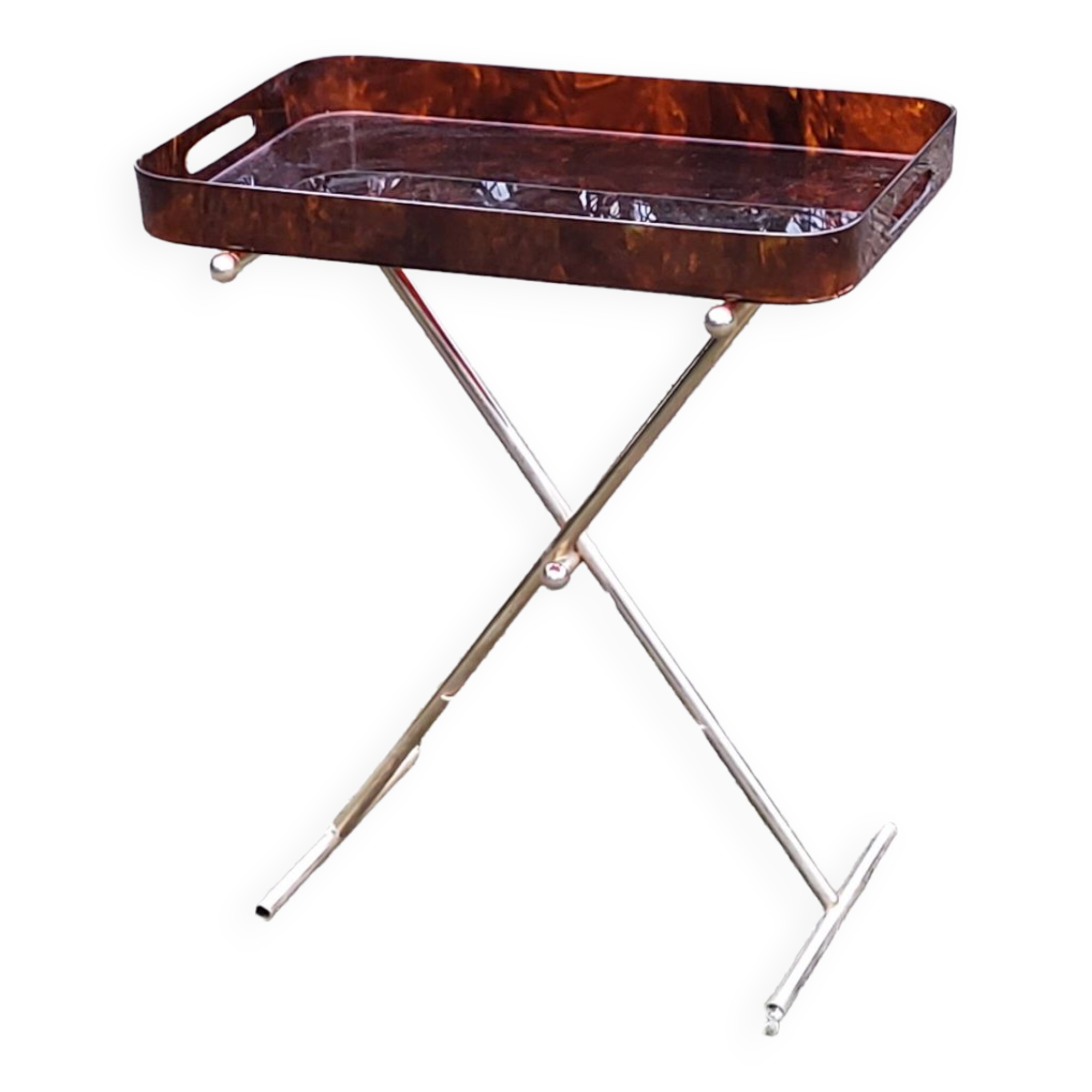 Gold metal side table with tortoiseshell lucite top from the 70s