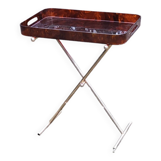 Table d’appoint en métal doré plateau en lucite écaille de tortue des années 70