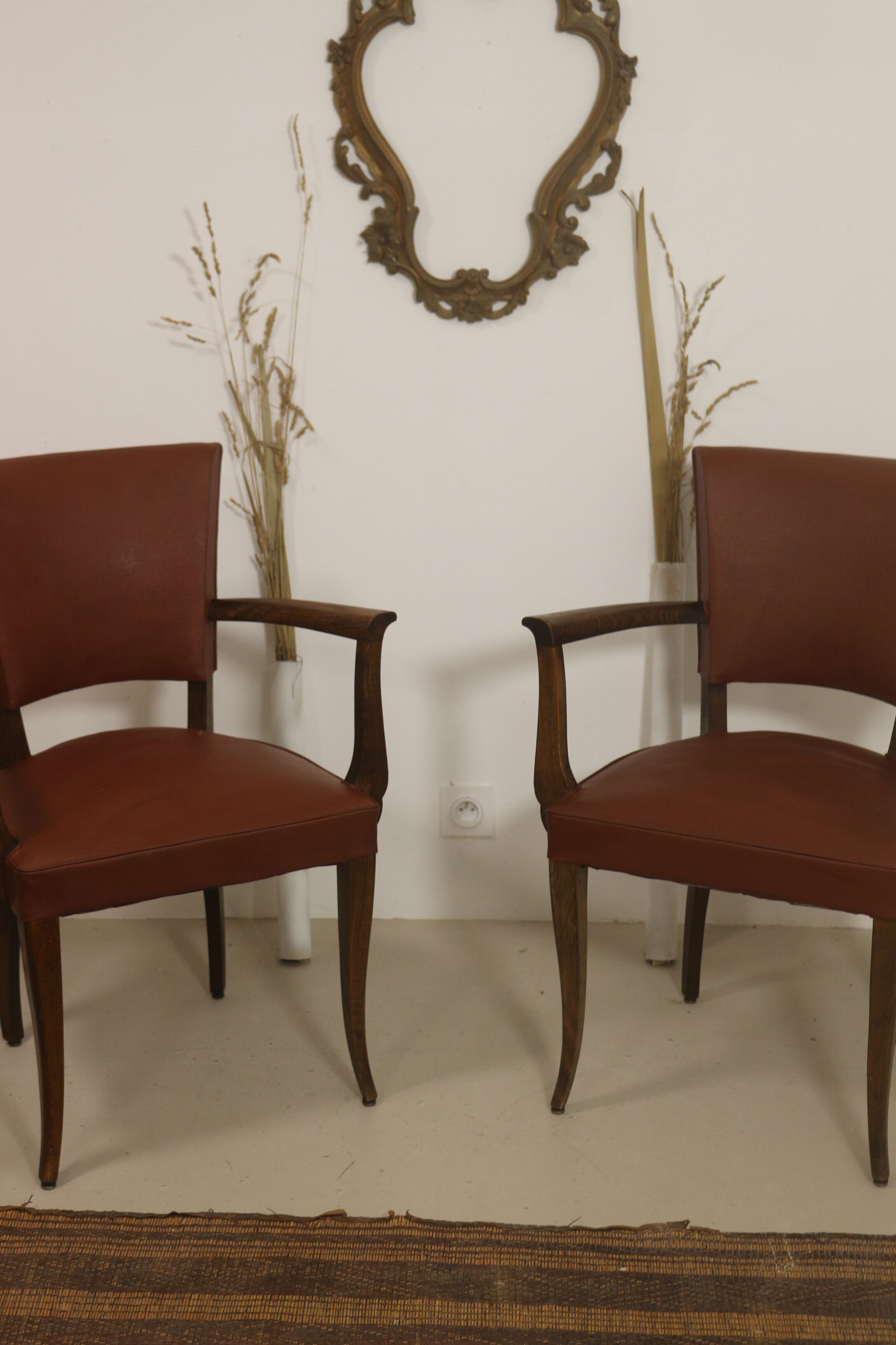 Pair of vintage bridge armchairs year 60 in imitation rust leather.