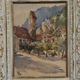 Watercolor on paper 1920 mountain village whitewashed frame