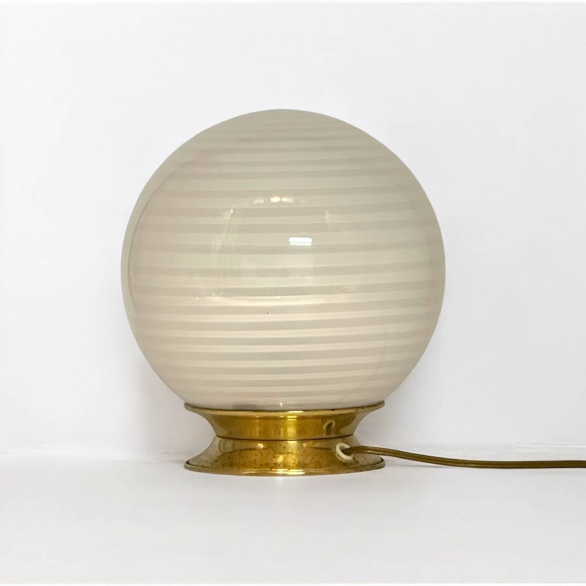 Vintage 70s Italian Table Lamp with Swirl Glass Globe and Brass Base