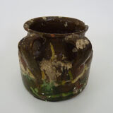 Glazed terracotta pottery with 2 handles brown yellow green. italian pottery. year 50