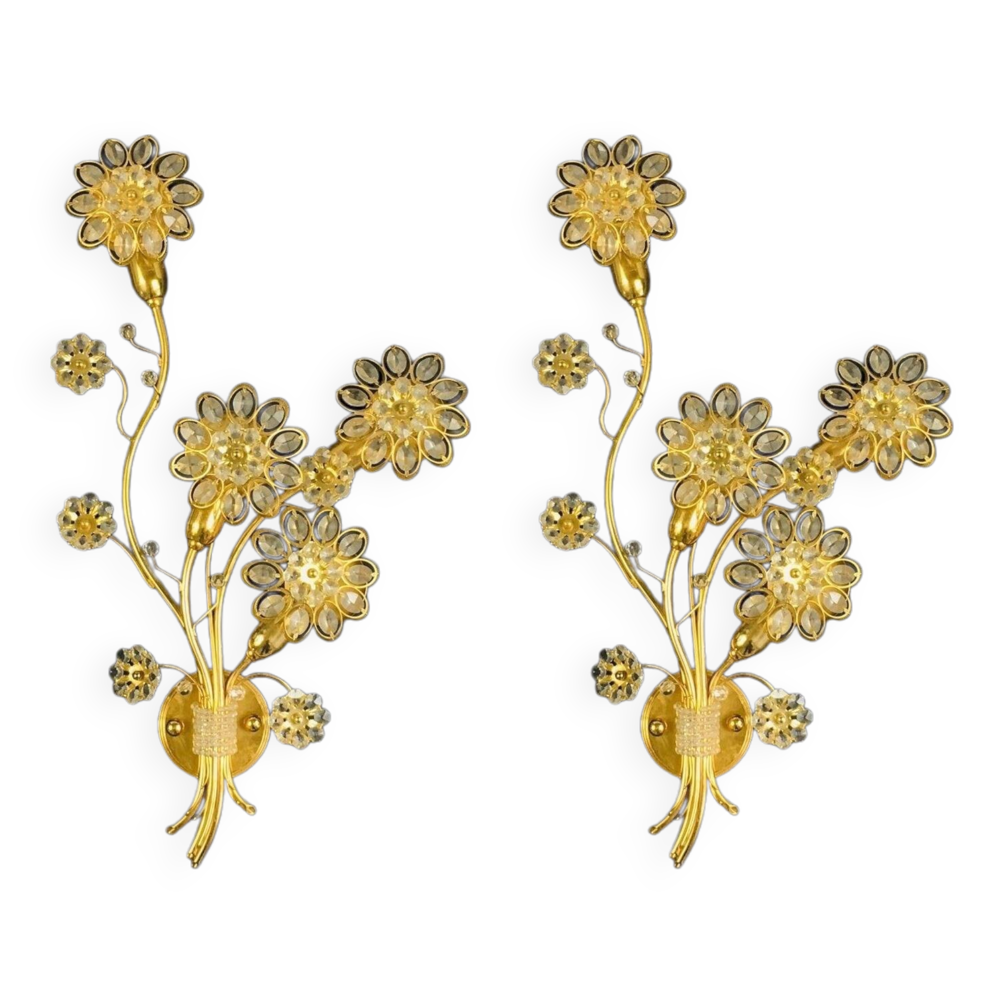 Pair of Extra Large Mid Century Gilt Brass & Crystal Flower Shape Wall Lights from Palwa, Germany