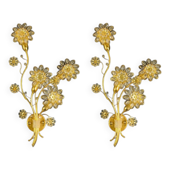 Pair of Extra Large Mid Century Gilt Brass & Crystal Flower Shape Wall Lights from Palwa, Germany