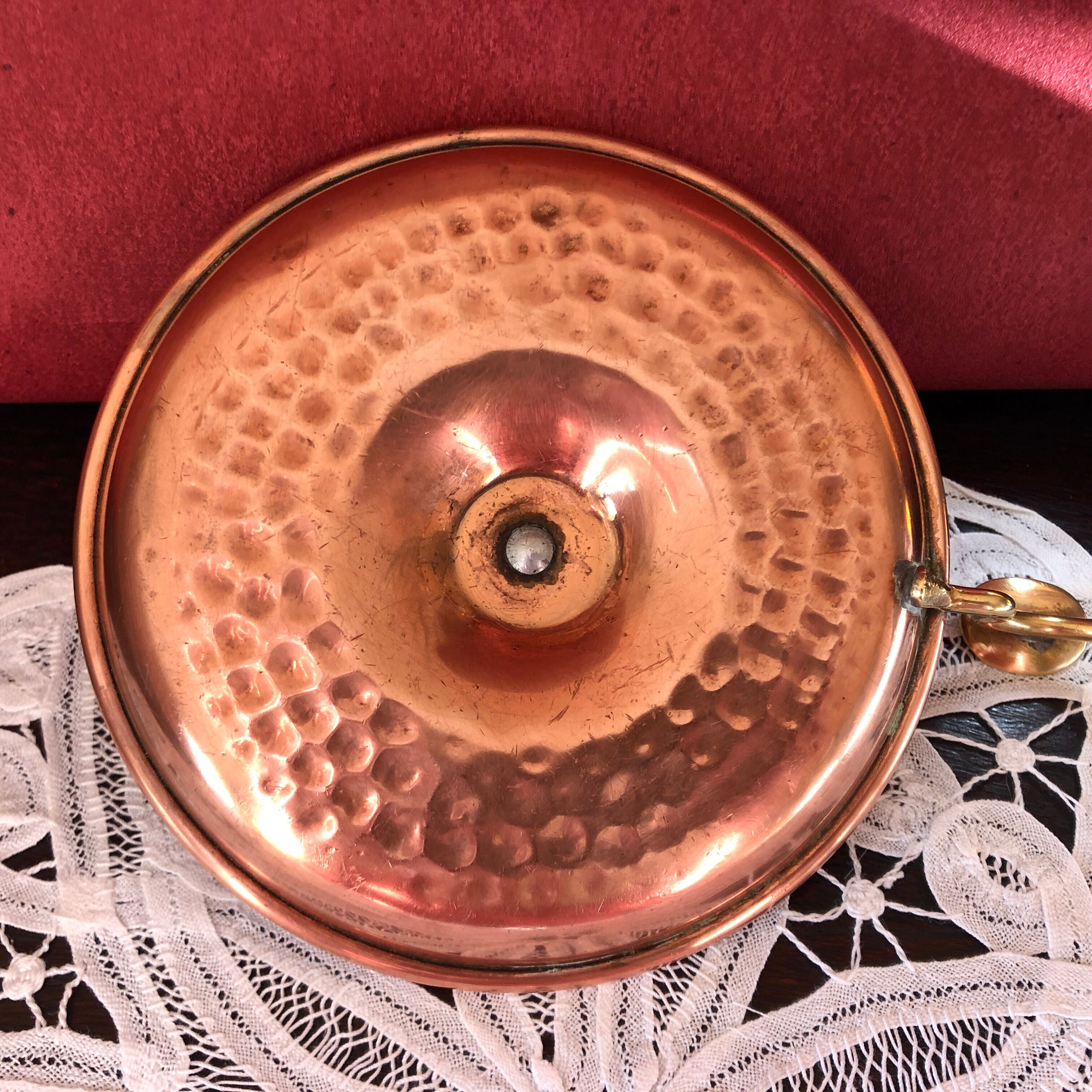Hammered red copper and brass hand candle holder