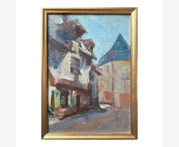 Tableau HSP, rue avec vieilles maisons, début XXème, avec cadre
