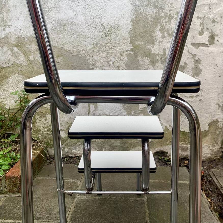 Vintage stepladder in Formica, wood and chromed metal