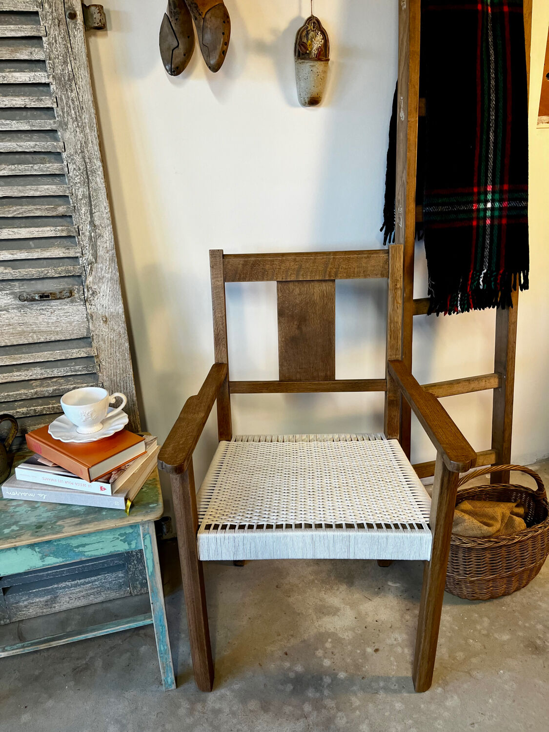 Oak armchair with woven seat