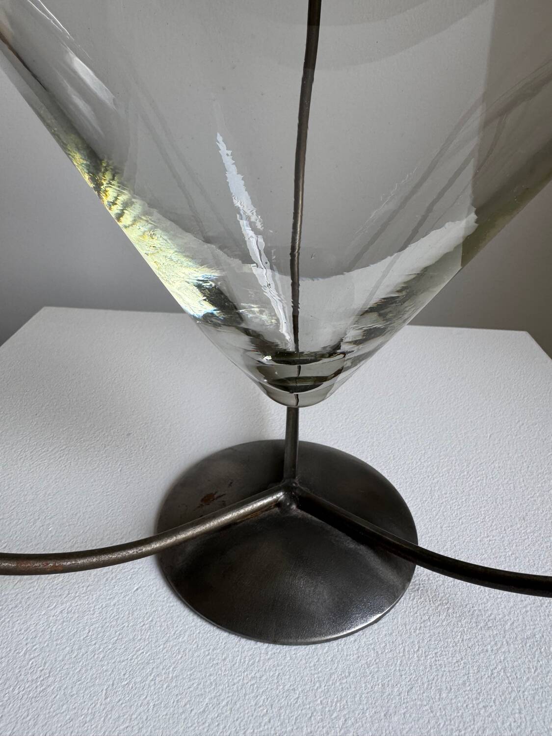 Vintage Modernist Large Clear Glass Vase/Decorative Piece With Metal