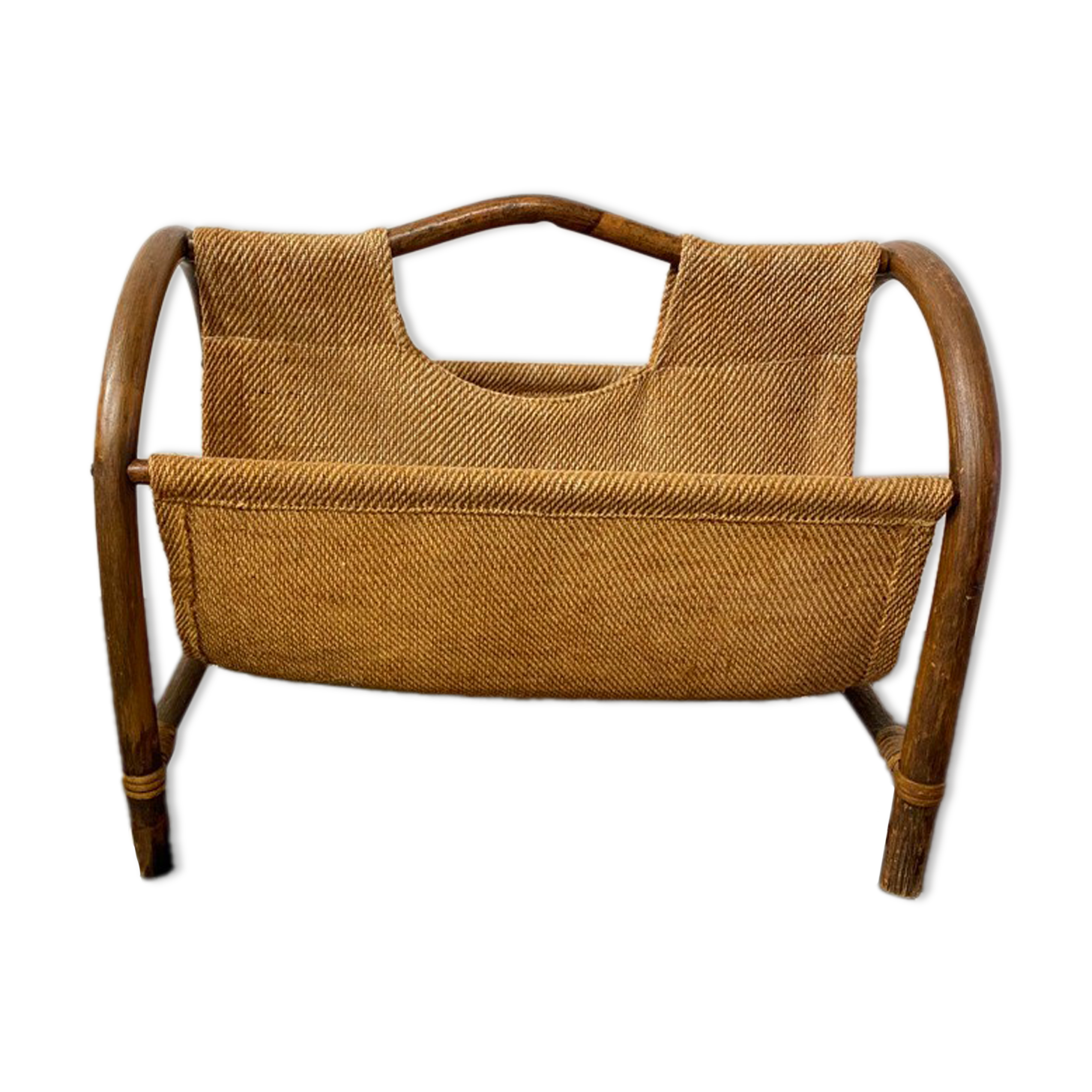 Magazine holder in rattan and vintage burlap 70s
