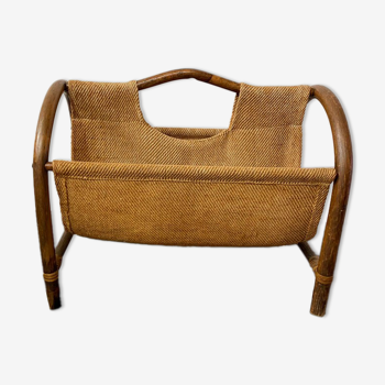 Magazine holder in rattan and vintage burlap 70s