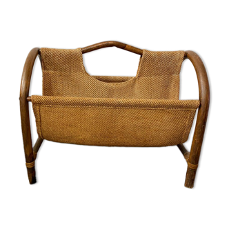 Magazine holder in rattan and vintage burlap 70s