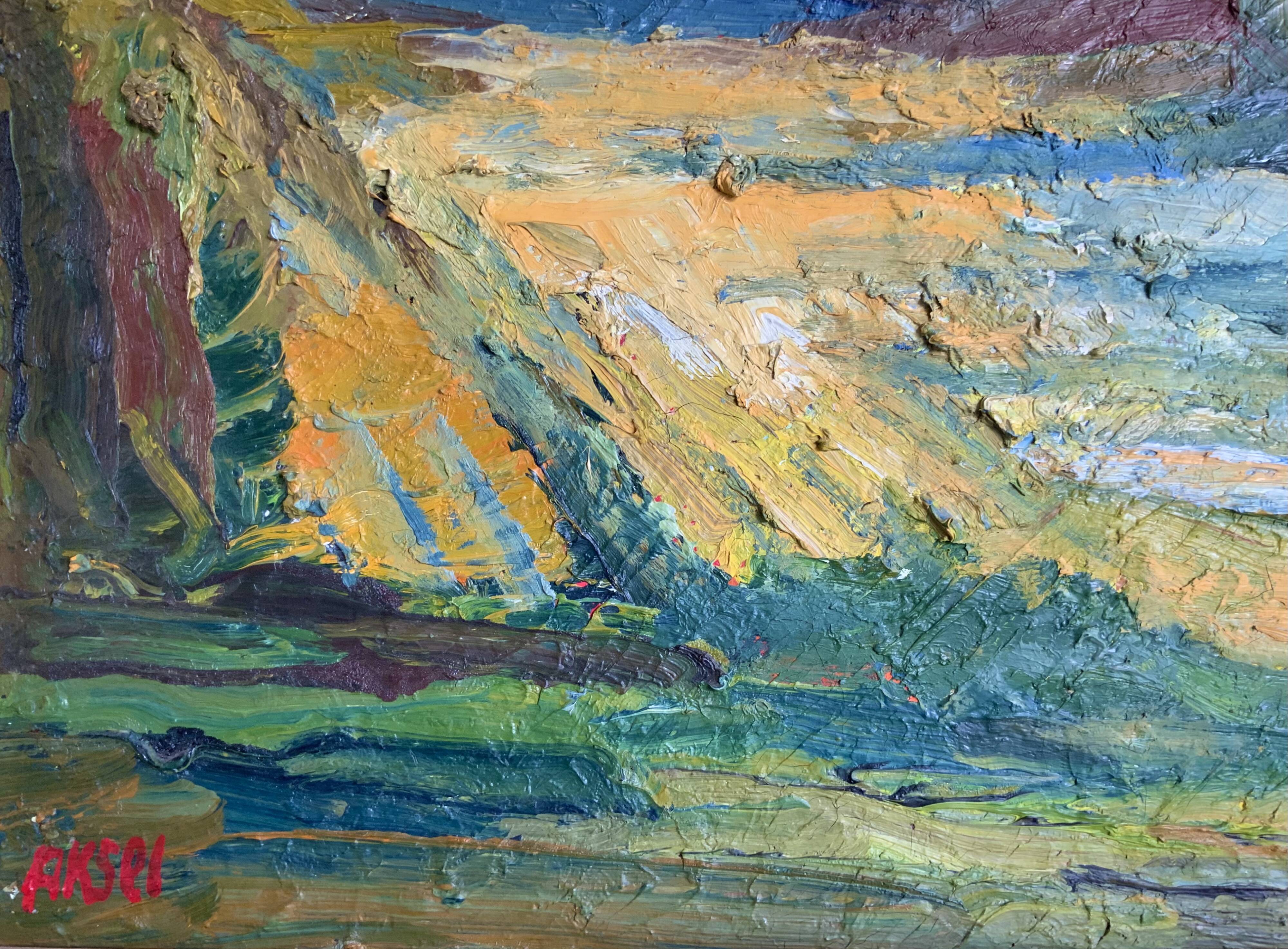 Vintage Modernists Oil Painting Autumn Landscape by Aksel 1960s