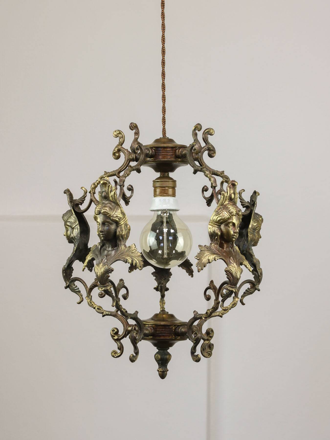 Vintage Patinated Bronze Figural Pendant Lamp