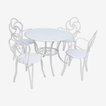 Salon de jardin 1 table 4 fauteuils en fer forgé blanc ancien