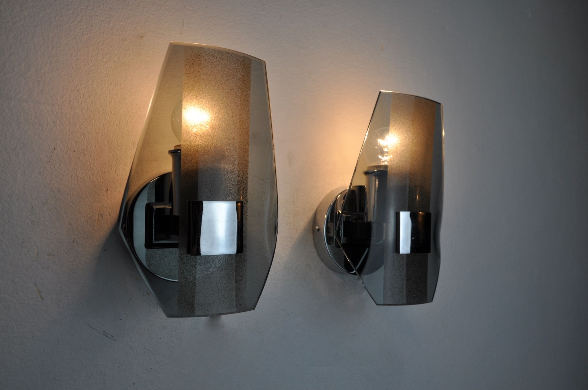 Pair of veca wall lamps, black murano glass, italy 1970